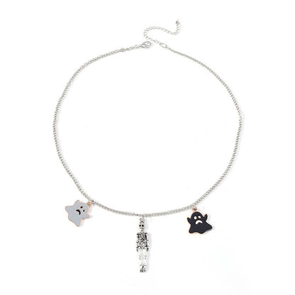 Black Enamel and Silver-Plated Ghost Skeleton Pendant Necklace, silver pendant necklace for women, detail close-up