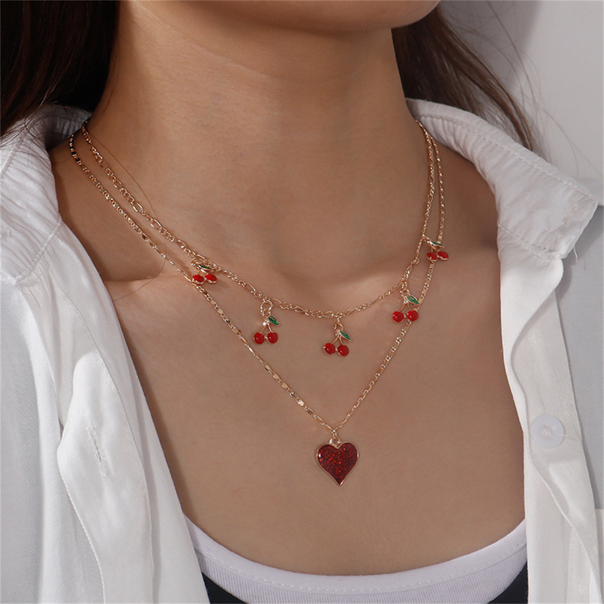 Red Resin and 18K Gold-Plated Cherry Heart Layered Pendant Necklace, gold pendant necklace for women, front view
