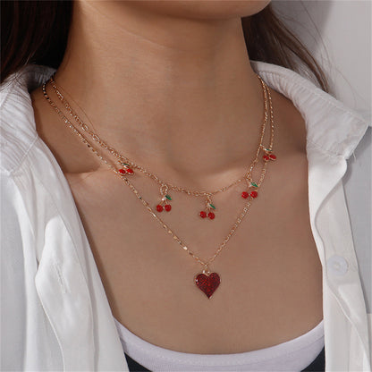 Red Resin and 18K Gold-Plated Cherry Heart Layered Pendant Necklace, gold pendant necklace for women, front view