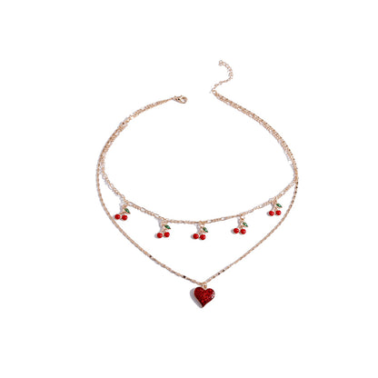 Red Resin and 18K Gold-Plated Cherry Heart Layered Pendant Necklace, gold pendant necklace for women, lifestyle look