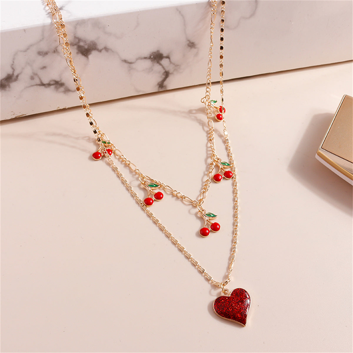 Red Resin and 18K Gold-Plated Cherry Heart Layered Pendant Necklace, gold pendant necklace for women, styled look