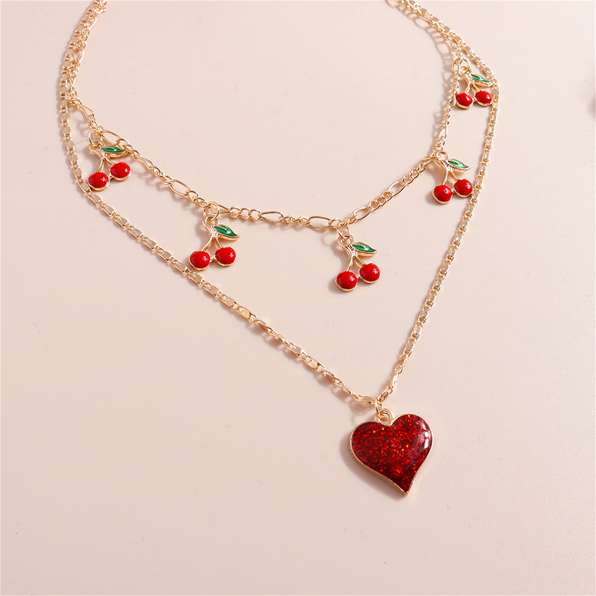 Red Resin and 18K Gold-Plated Cherry Heart Layered Pendant Necklace, gold pendant necklace for women, side view