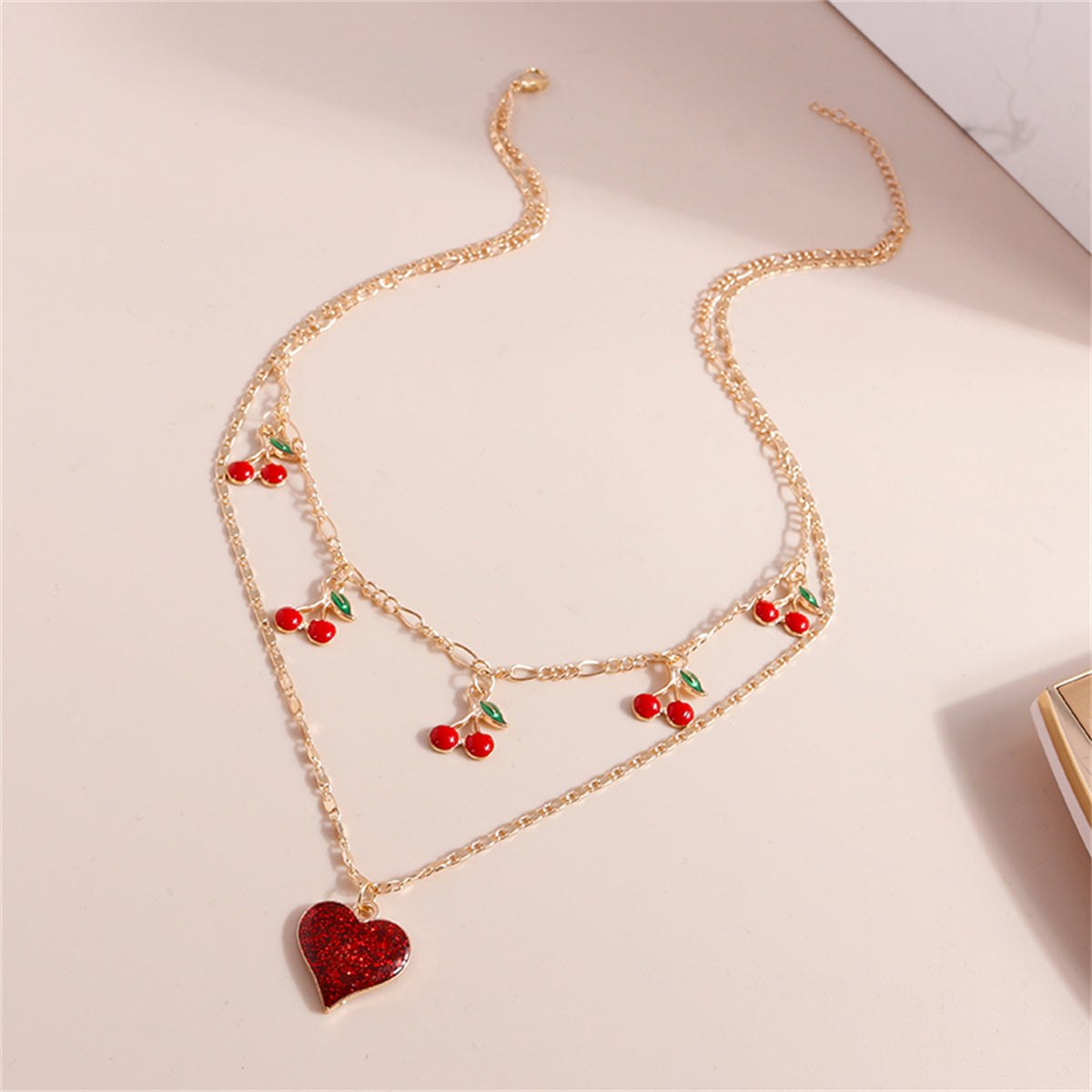 Red Resin and 18K Gold-Plated Cherry Heart Layered Pendant Necklace, gold pendant necklace for women, detail close-up