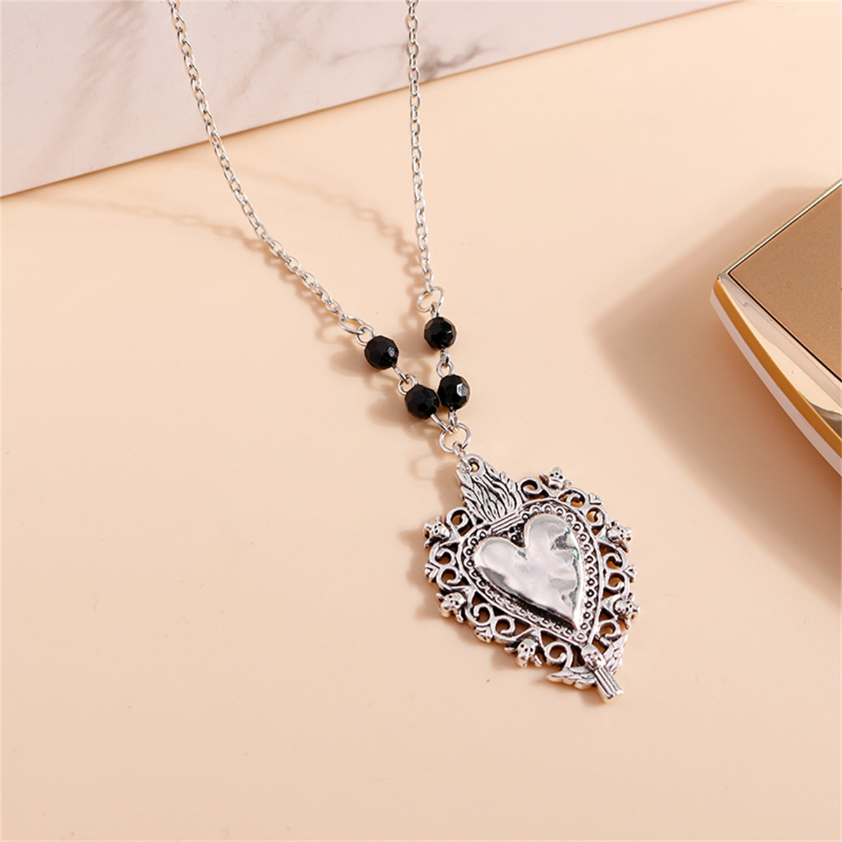 Black Acrylic & Silver-Plated Floral Heart Pendant Necklace