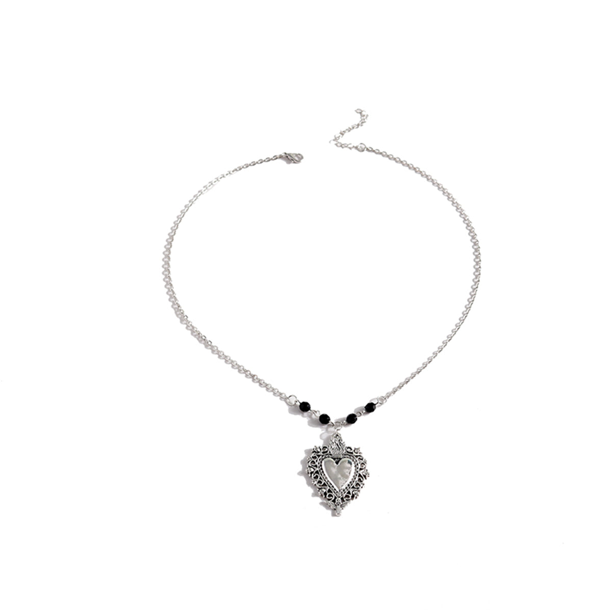 Black Acrylic & Silver-Plated Floral Heart Pendant Necklace