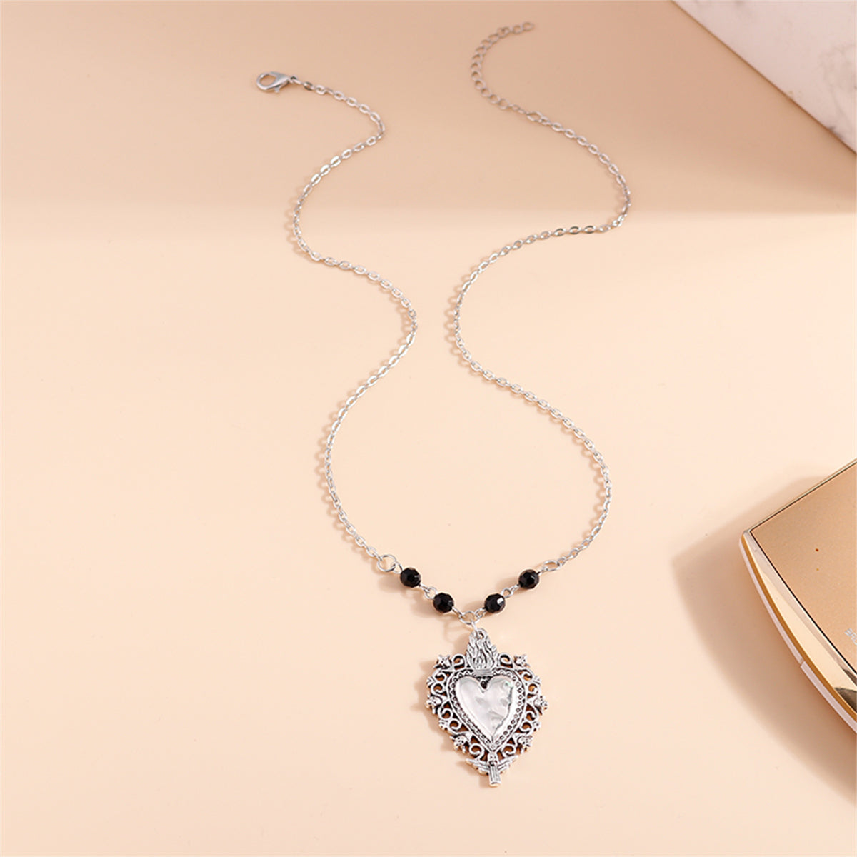 Black Acrylic and Silver-Plated Floral Heart Pendant Necklace, silver pendant necklace for women, lifestyle look