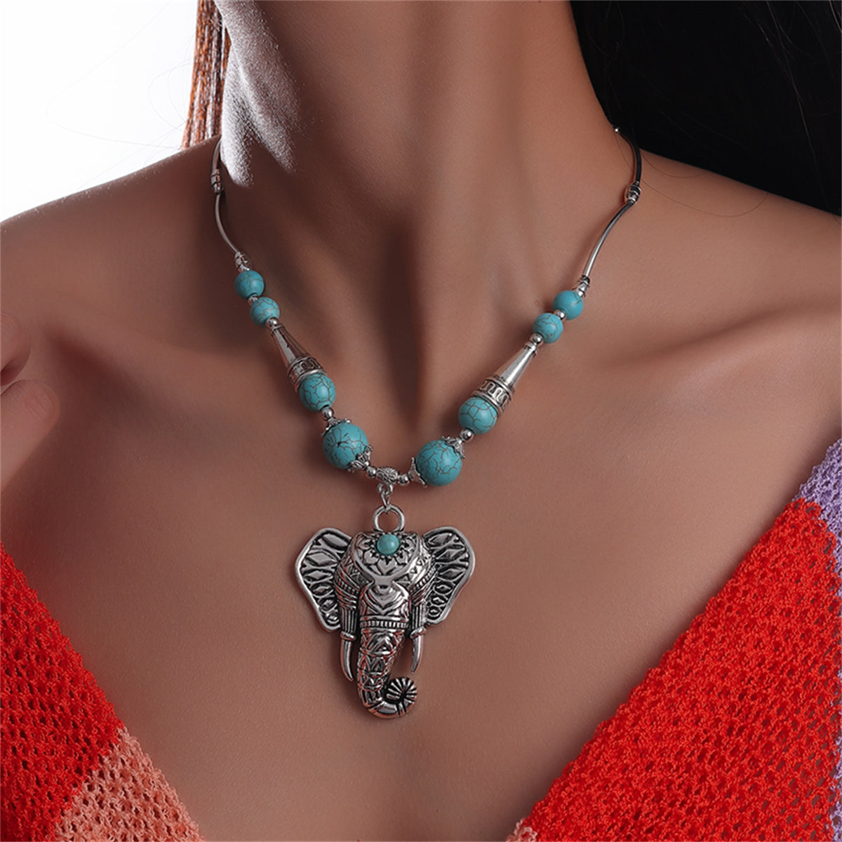 Turquoise and Silver-Plated Elephant Pendant Necklace, silver pendant necklace for women, botanical inspired, front view
