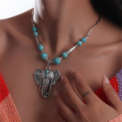 Turquoise & Silver-Plated Elephant Pendant Necklace