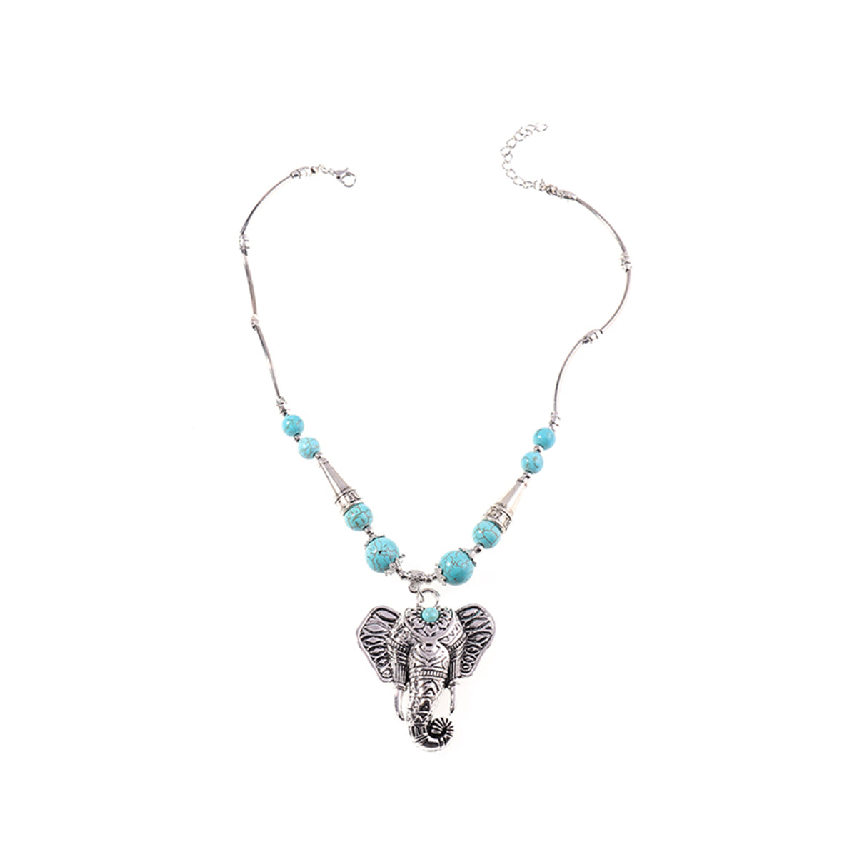 Turquoise and Silver-Plated Elephant Pendant Necklace, silver pendant necklace for women, botanical inspired, styled look