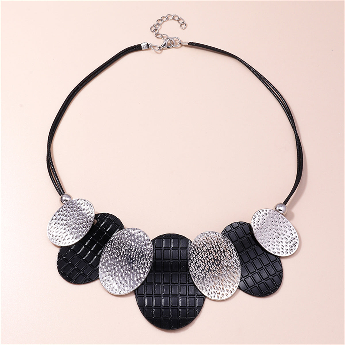 Black Polystyrene and Silver-Plated Oval Statement Necklace, silver pendant necklace for women, front view