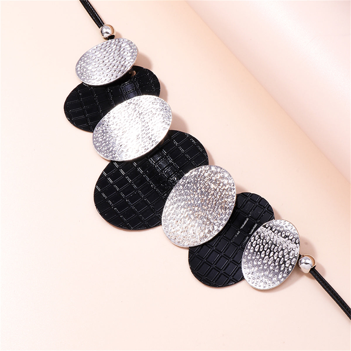 Black Polystyrene and Silver-Plated Oval Statement Necklace, silver pendant necklace for women, styled look