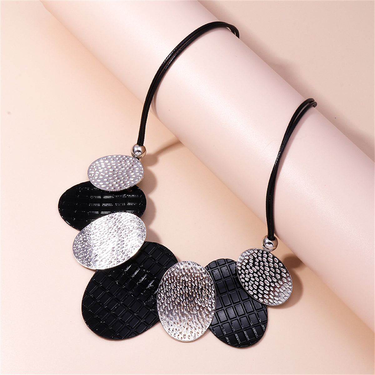 Black Polystyrene and Silver-Plated Oval Statement Necklace, silver pendant necklace for women, botanical inspired, side view