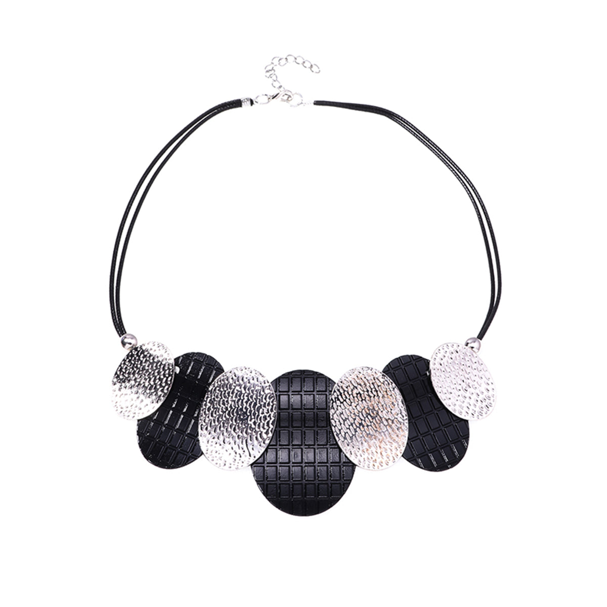 Black Polystyrene and Silver-Plated Oval Statement Necklace, silver pendant necklace for women, detail close-up