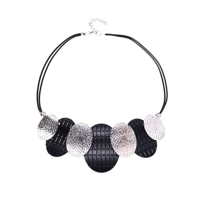 Black Polystyrene and Silver-Plated Oval Statement Necklace, silver pendant necklace for women, detail close-up