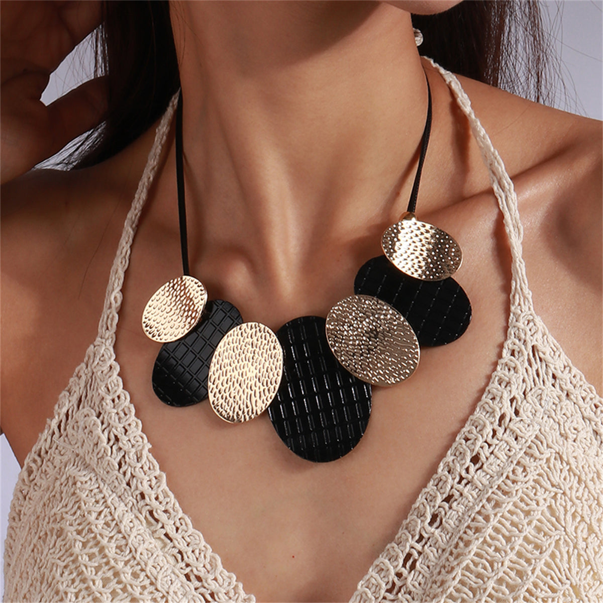 Black Polystyrene and 18K Gold-Plated Oval Statement Necklace, gold pendant necklace for women, front view