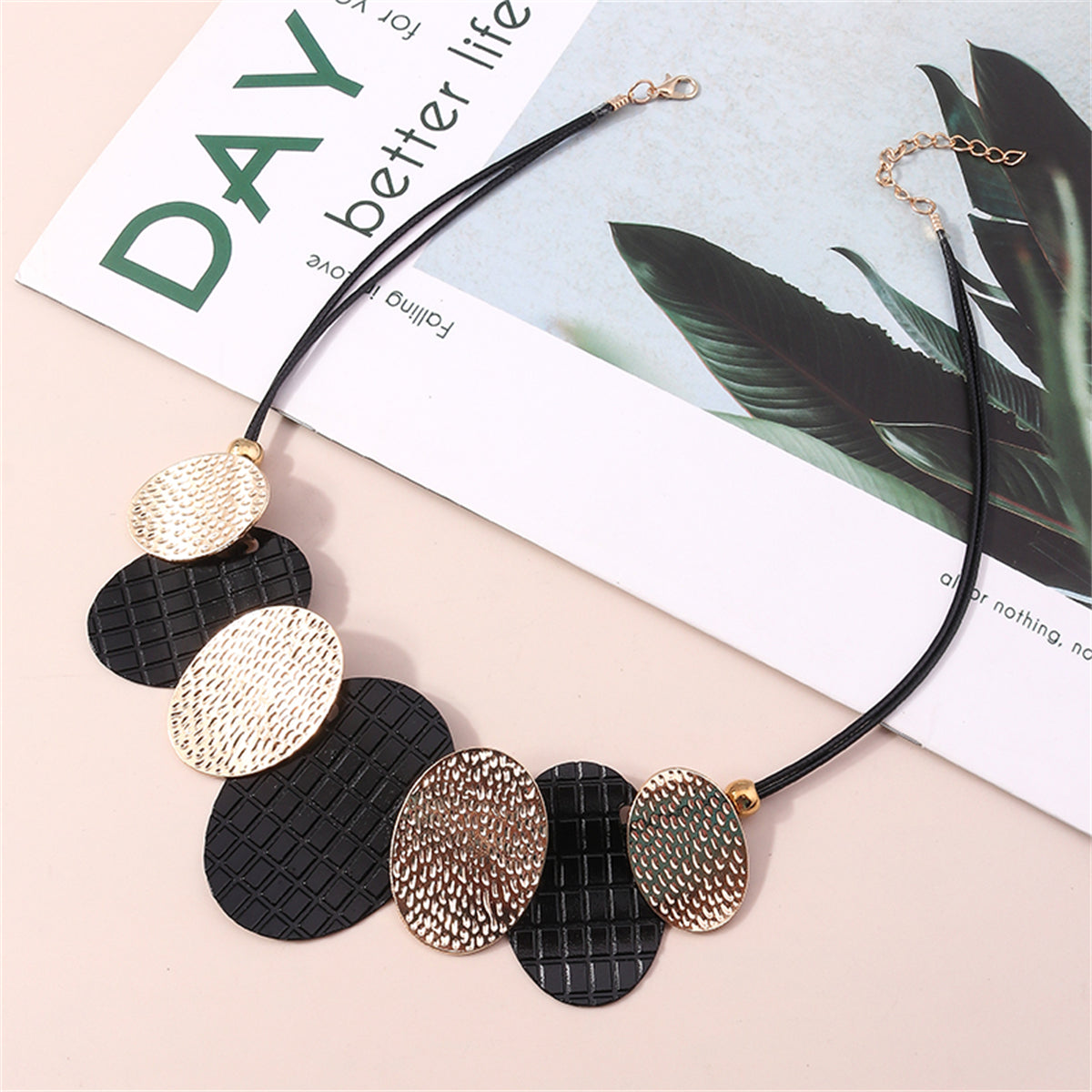 Black Polystyrene and 18K Gold-Plated Oval Statement Necklace, gold pendant necklace for women, lifestyle look