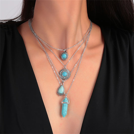 Turquoise and Silver-Plated Drop Pendant Necklace Set, jewelry gift sets for women, dainty minimalist design, front view