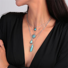 Turquoise & Silver-Plated Drop Pendant Necklace Set