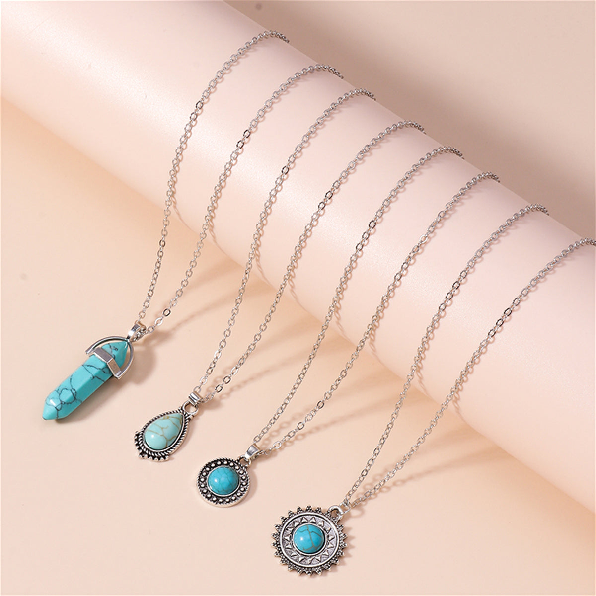 Turquoise & Silver-Plated Drop Pendant Necklace Set