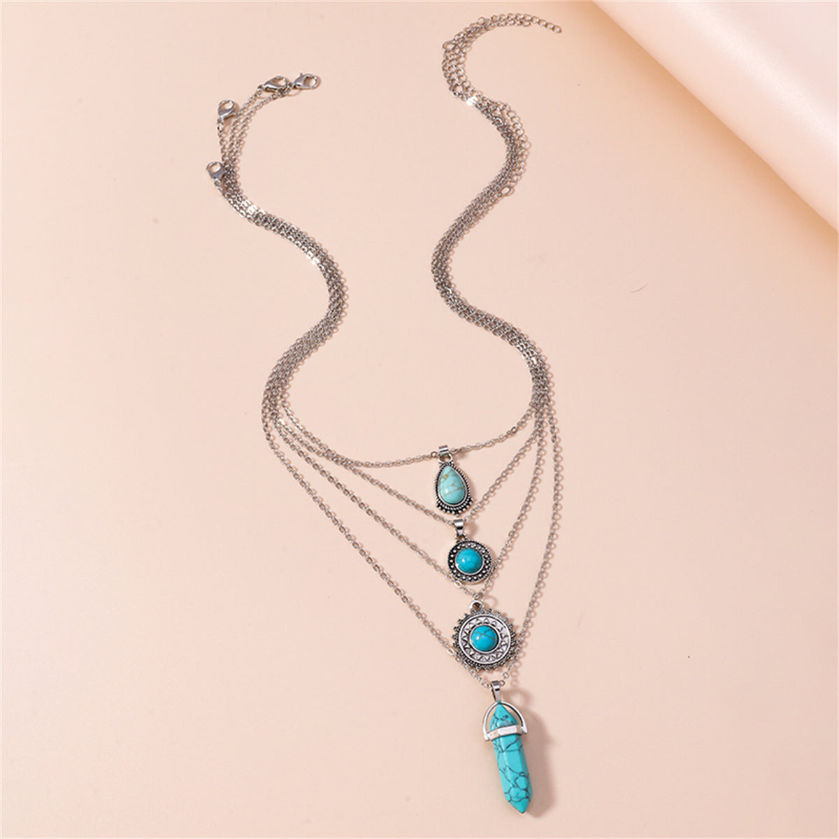 Turquoise & Silver-Plated Drop Pendant Necklace Set