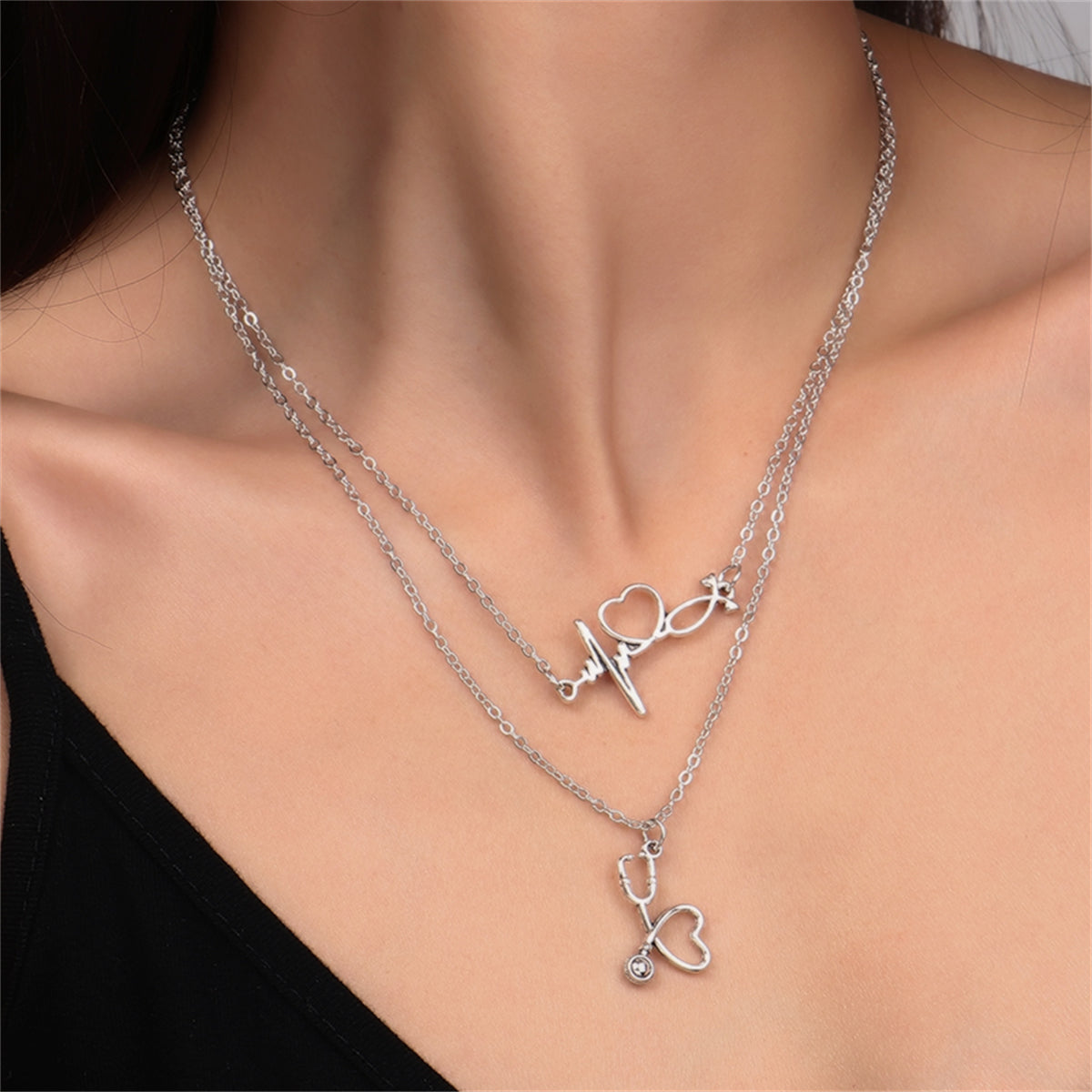 Silver-Plated Heartbeat and Stethoscope Pendant Layered Necklace, silver pendant necklace for women, front view