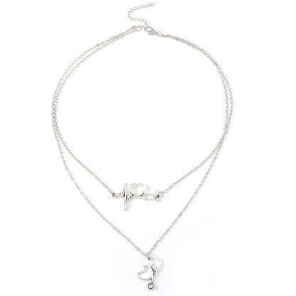 Silver-Plated Heartbeat and Stethoscope Pendant Layered Necklace, silver pendant necklace for women, styled look