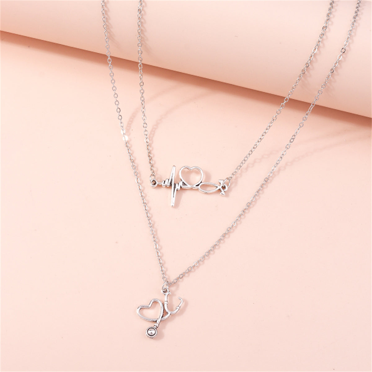 Silver-Plated Heartbeat and Stethoscope Pendant Layered Necklace, silver pendant necklace for women, lifestyle look