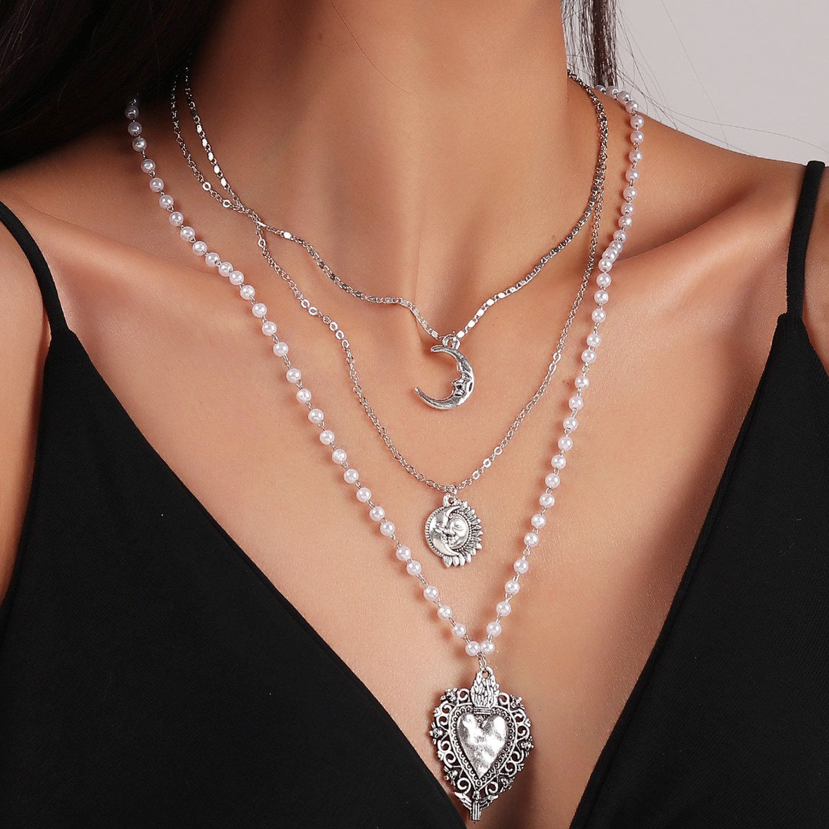 Pearl and Silver-Plated Moon Sun Heart Pendant Layered Necklace, jewelry gift sets for women, botanical inspired, front view