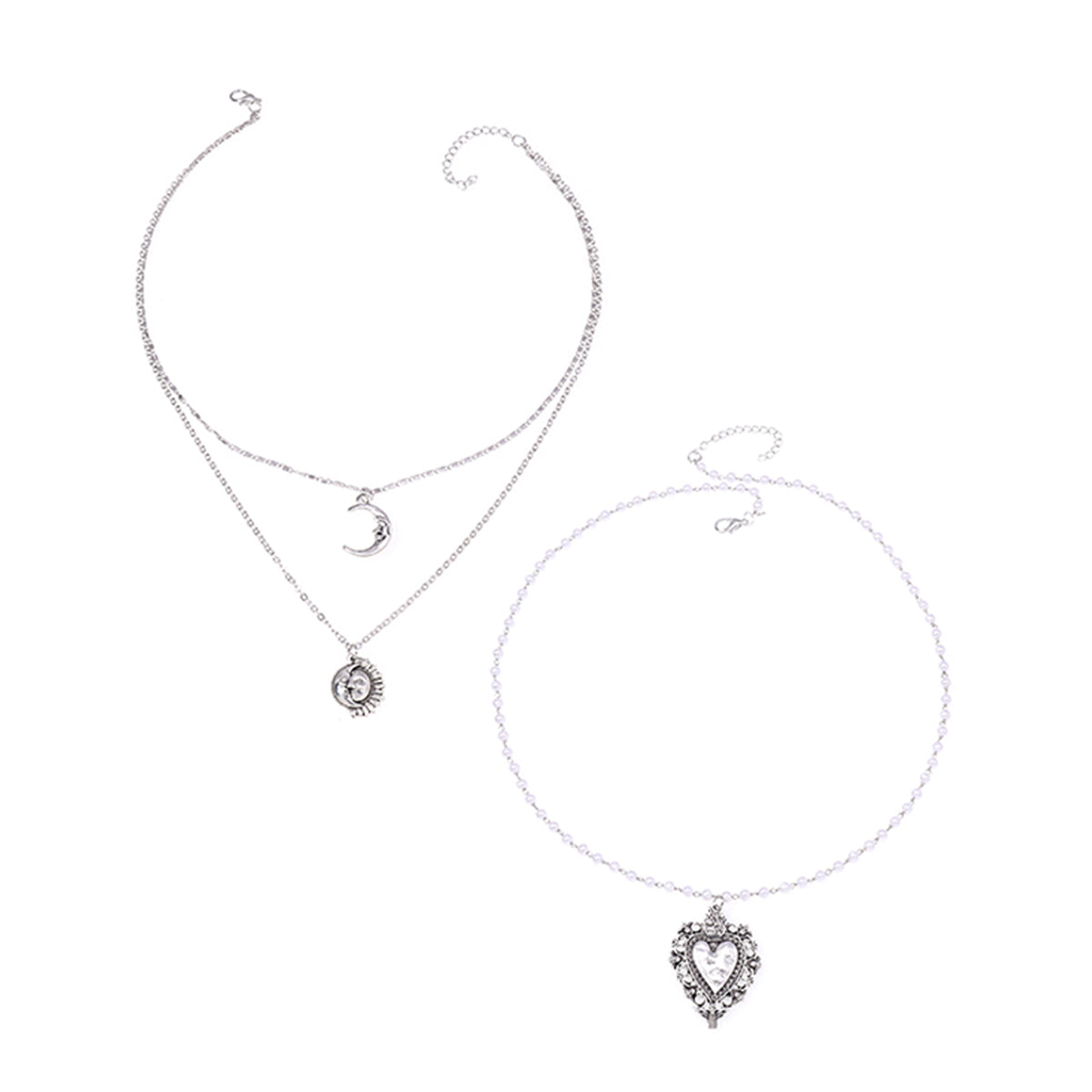 Pearl and Silver-Plated Moon Sun Heart Pendant Layered Necklace, jewelry gift sets for women, lifestyle look