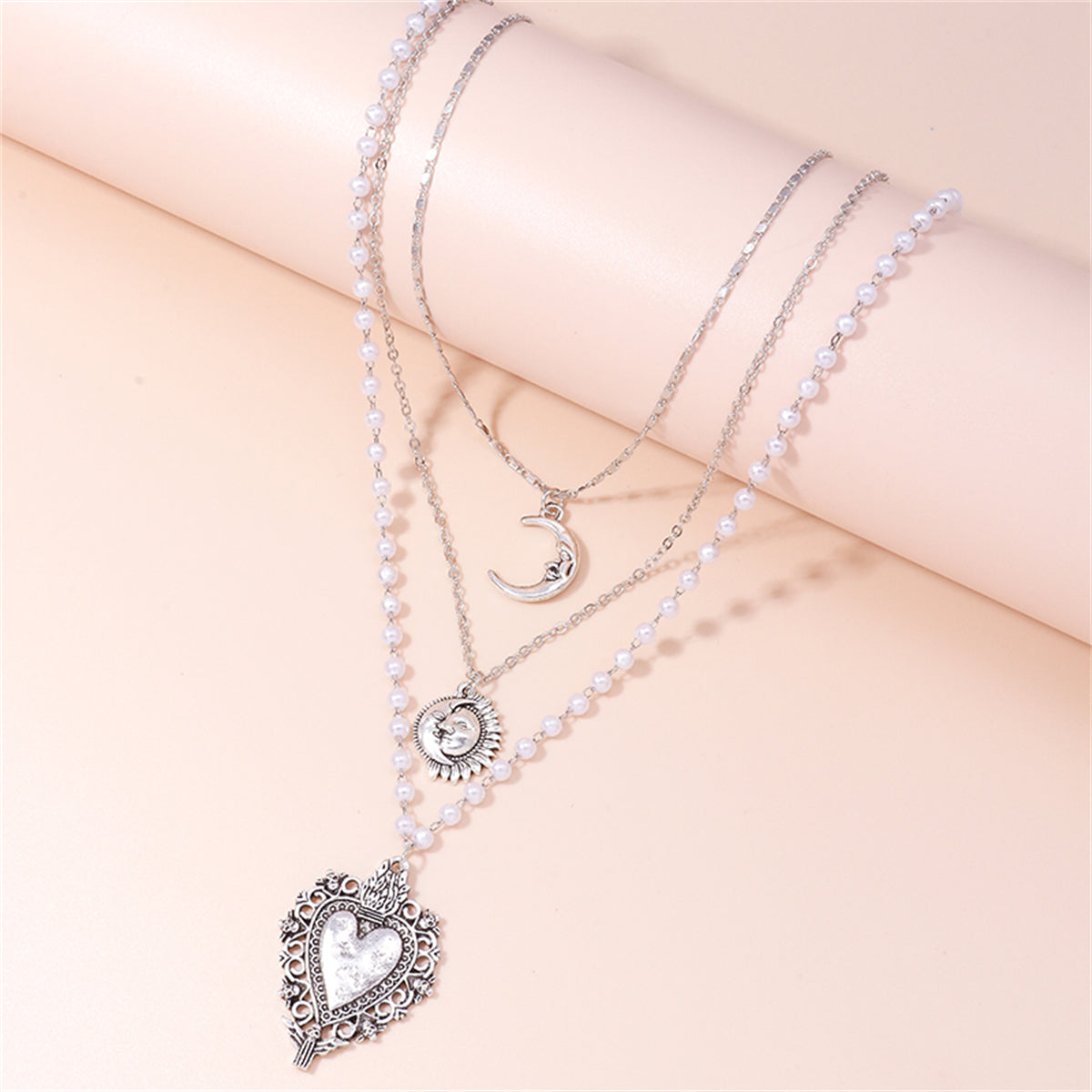 Pearl and Silver-Plated Moon Sun Heart Pendant Layered Necklace, jewelry gift sets for women, botanical inspired, side view