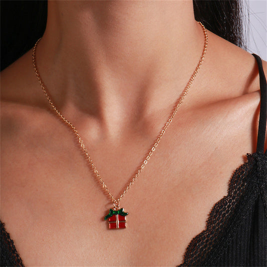 Red Enamel and 18K Gold-Plated Gift Box Pendant Necklace, gold pendant necklace for women, botanical inspired, front view