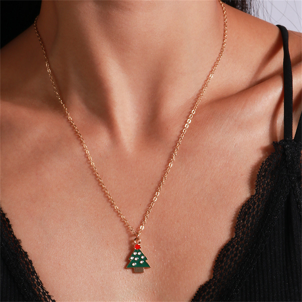 Green Enamel and 18K Gold-Plated Christmas Tree Pendant Necklace, gold pendant necklace for women, everyday style, front view