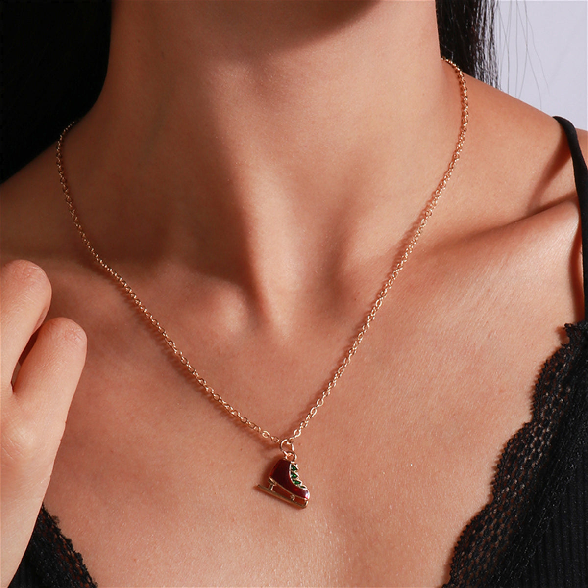 Red Enamel and 18K Gold-Plated Skates Pendant Necklace, gold pendant necklace for women, dainty minimalist design, front view