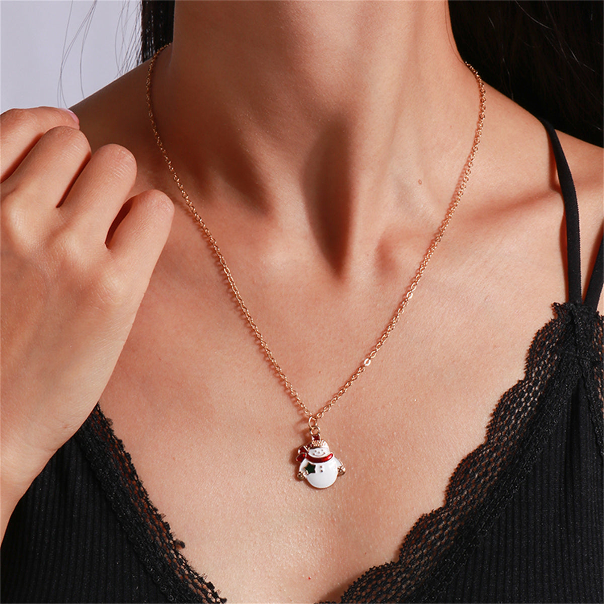 White Enamel and 18K Gold-Plated Snowman Pendant Necklace, gold pendant necklace for women, front view