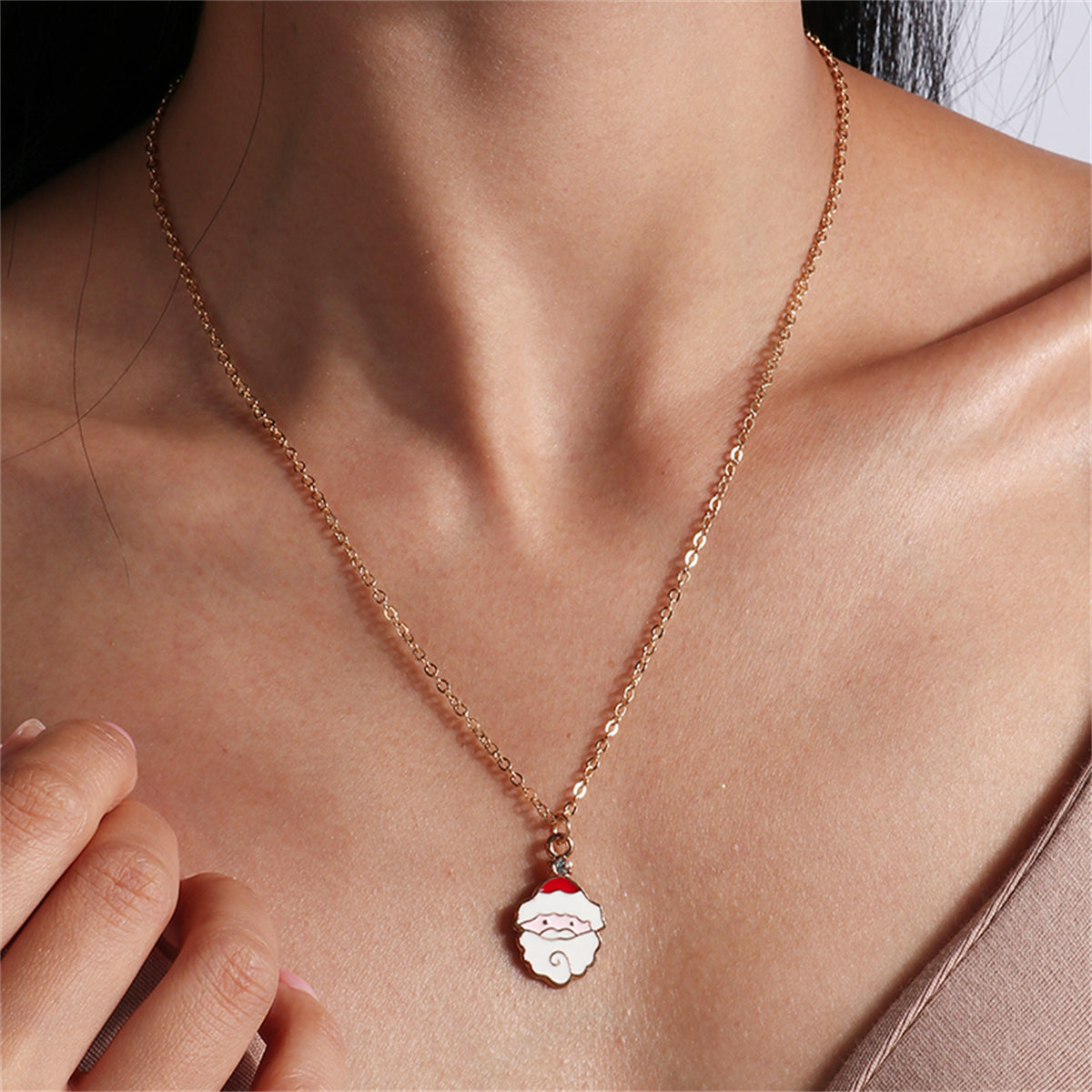 White Enamel and 18K Gold-Plated Cubic Zirconia-Accent Santa Pendant Necklace, gold pendant necklace for women, front view