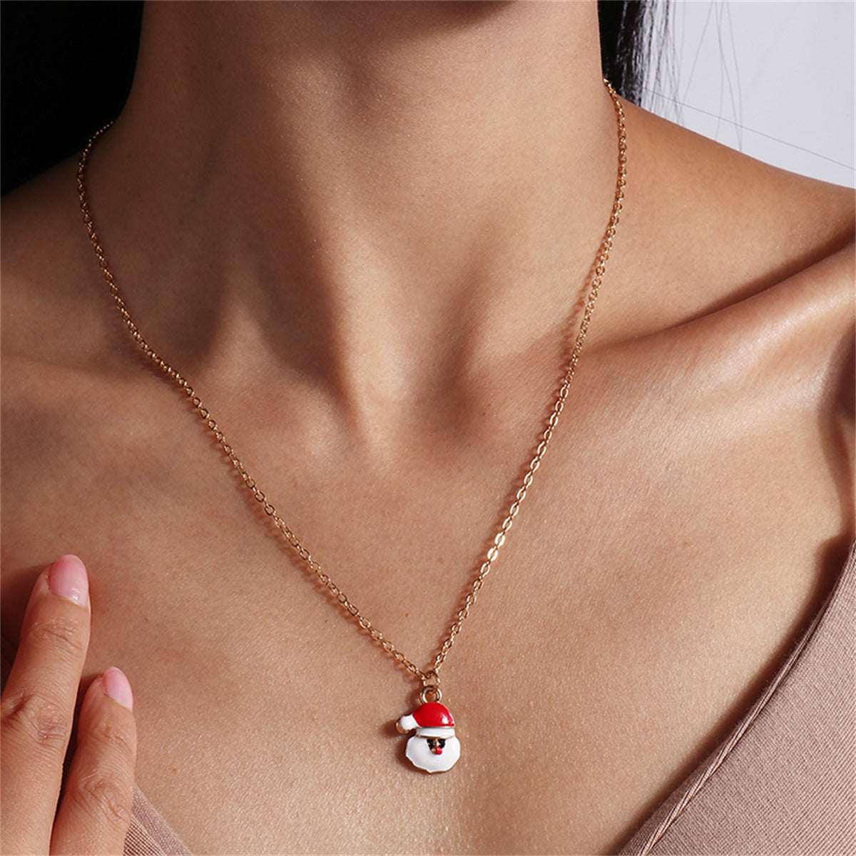 Red Enamel and 18K Gold-Plated Santa Pendant Necklace, gold pendant necklace for women, dainty minimalist design, front view