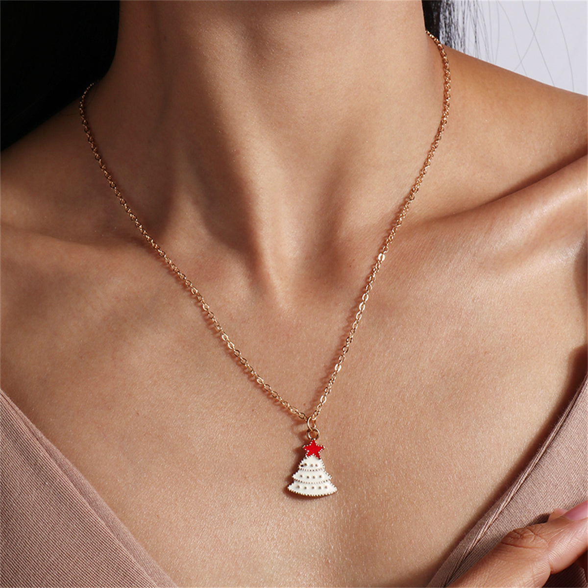 White Enamel and 18K Gold-Plated Christmas Tree Pendant Necklace, gold pendant necklace for women, front view