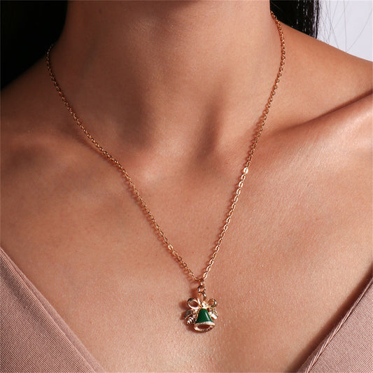 Green Enamel and 18K Gold-Plated Bell Pendant Necklace, gold pendant necklace for women, everyday style, front view