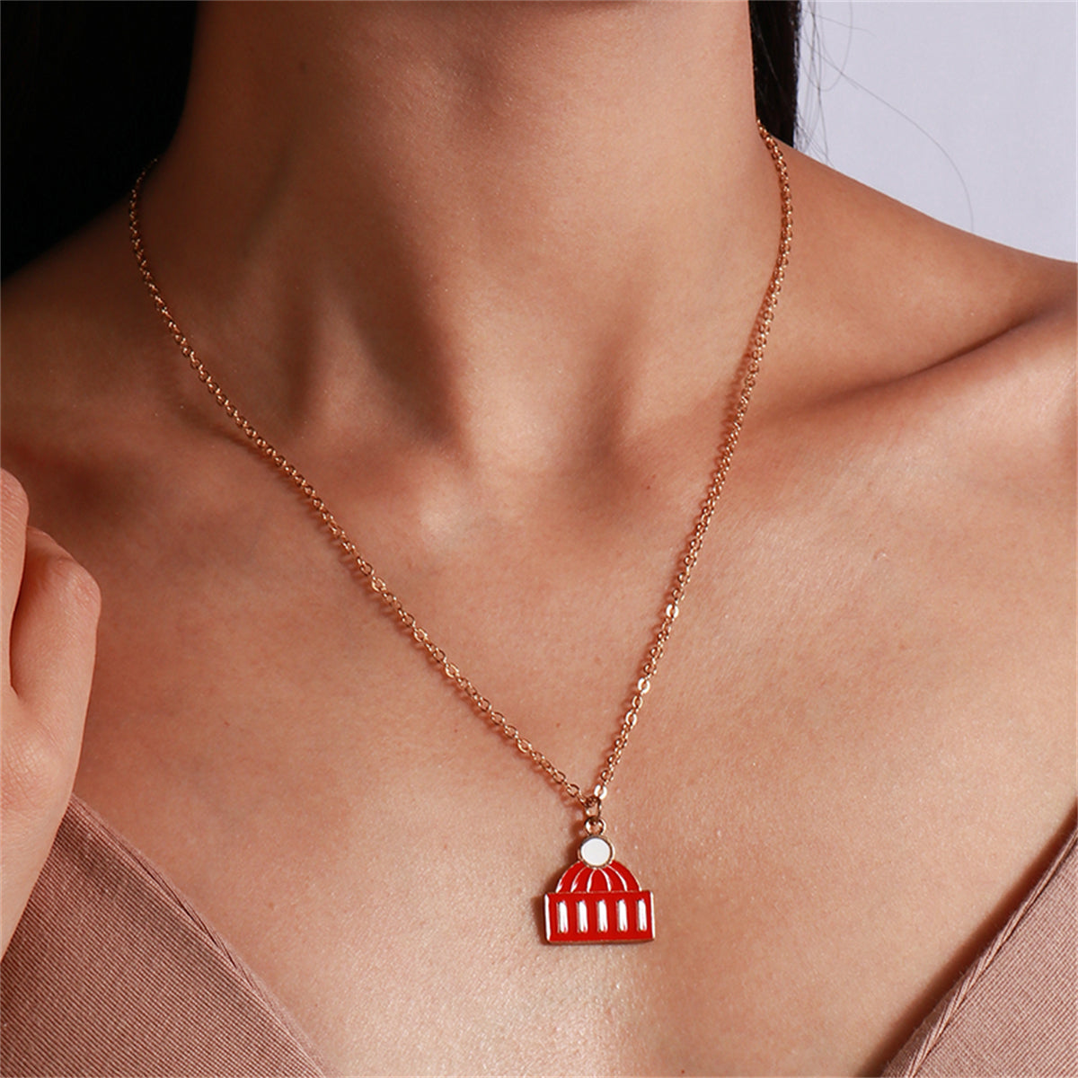 Red Enamel and 18K Gold-Plated Hat Pendant Necklace, gold pendant necklace for women, dainty minimalist design, front view