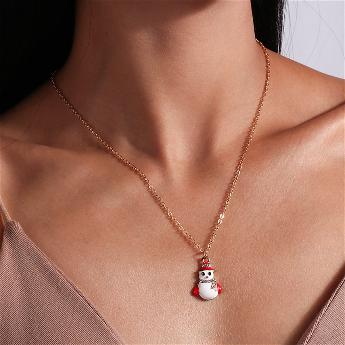 White Enamel and 18K Gold-Plated Cubic Zirconia-Accent Snowman Pendant Necklace, gold pendant necklace for women, front view