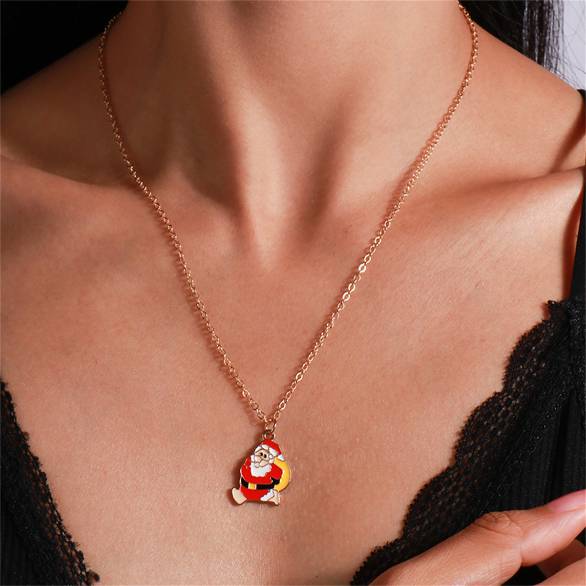 Yellow Enamel and 18K Gold-Plated Santa Pendant Necklace, gold pendant necklace for women, front view