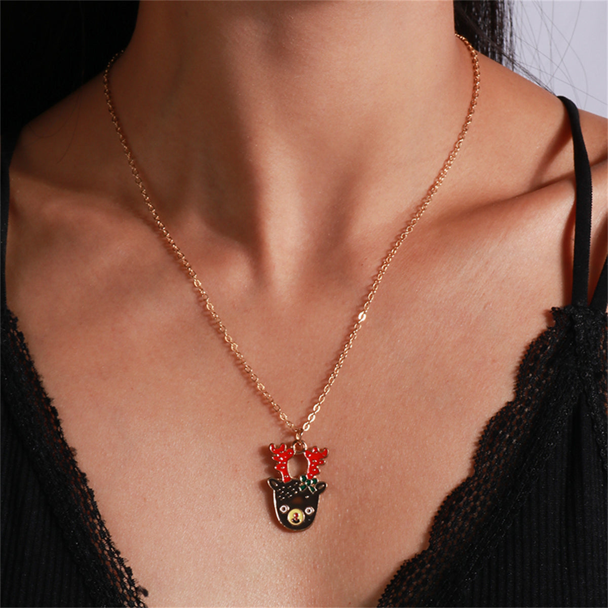 Brown and Red Enamel Reindeer Pendant Necklace, pendant necklace for women, botanical inspired, front view