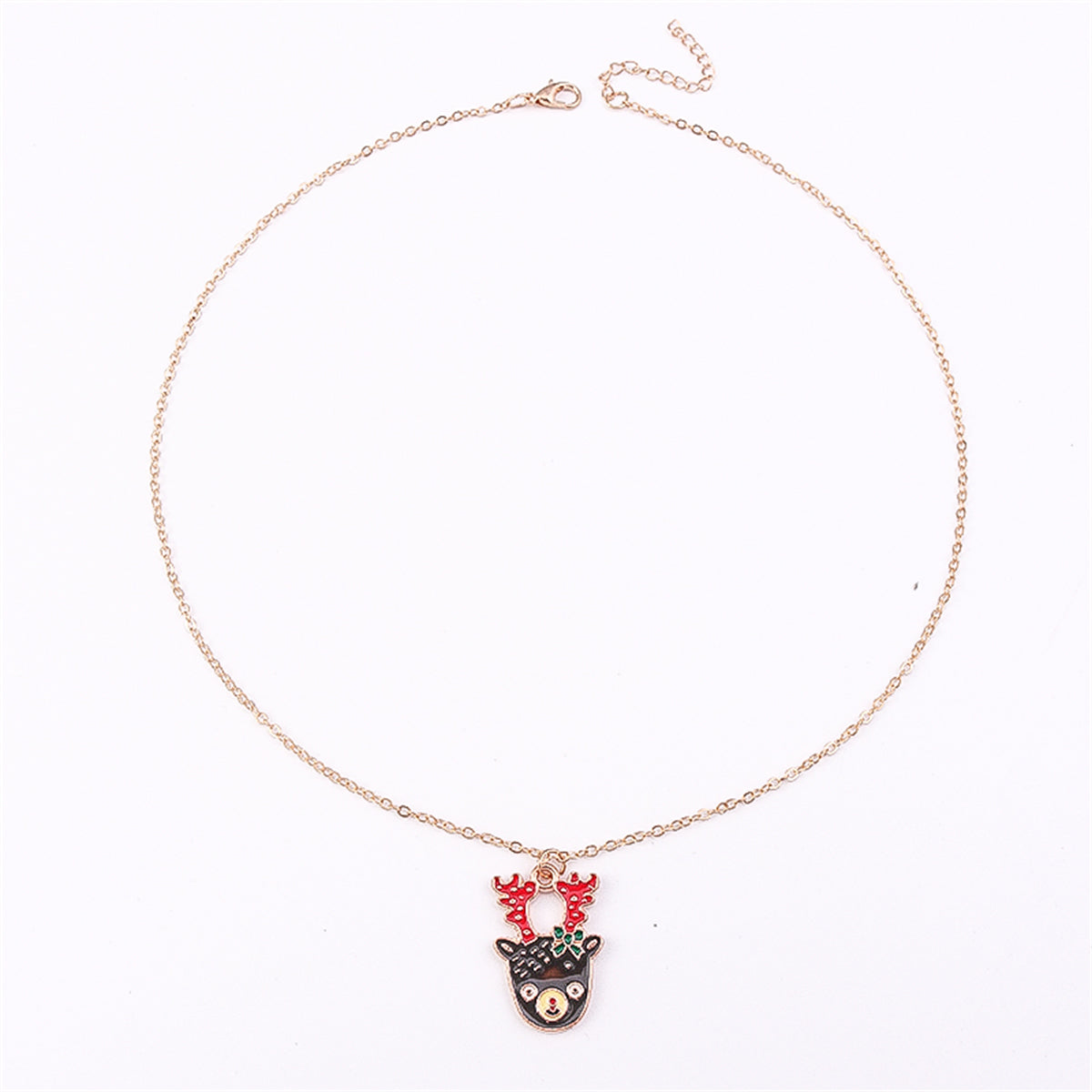 Brown and Red Enamel Reindeer Pendant Necklace, pendant necklace for women, botanical inspired, side view