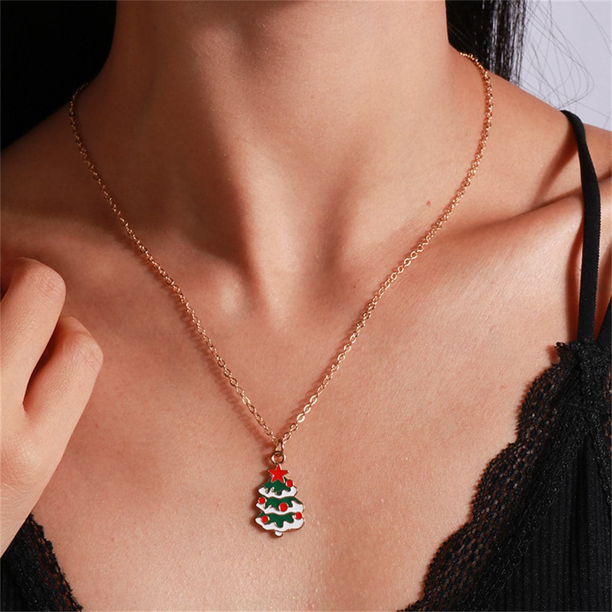 Red and White Christmas Tree Pendant Necklace, pendant necklace for women, elegant gift for her, front view