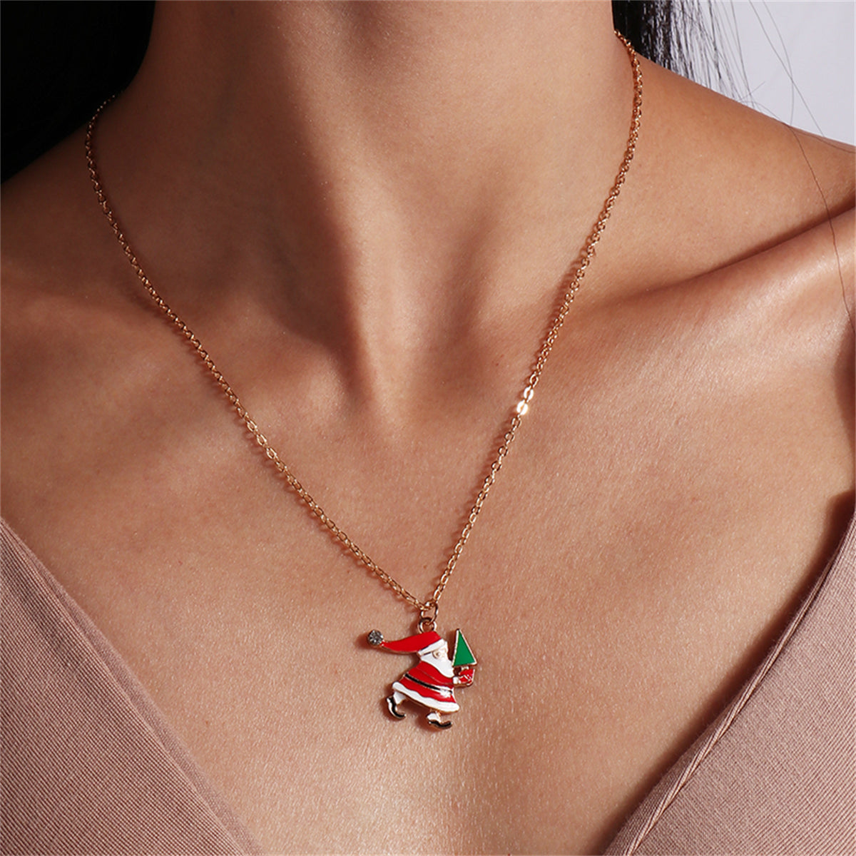 Clear Cubic Zirconia & Red Enamel Santa Pendant Necklace