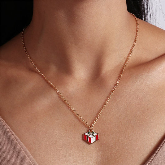Red Enamel and 18K Gold-Plated Gift Box Pendant Necklace, gold pendant necklace for women, front view
