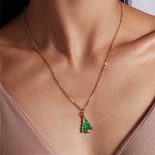 Green Enamel and 18K Gold-Plated Christmas Tree Pendant Necklace, gold pendant necklace for women, front view