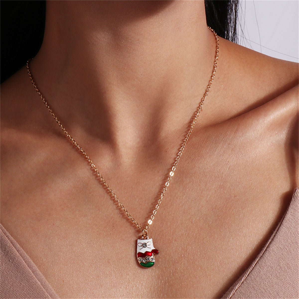 Clear Cubic Zirconia and White Enamel Mitten Pendant Necklace, pendant necklace for women, elegant gift for her, front view