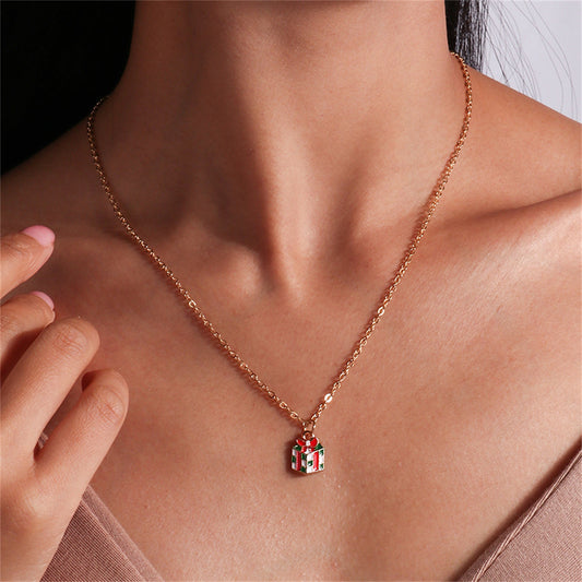 Red and Green Enamel 18K Gold-Plated Gift Box Pendant Necklace, gold pendant necklace for women, front view