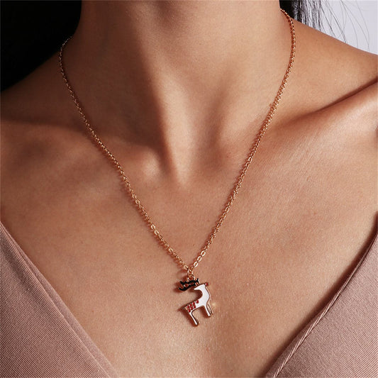 White Enamel and 18K Gold-Plated Reindeer Pendant Necklace, gold pendant necklace for women, everyday style, front view